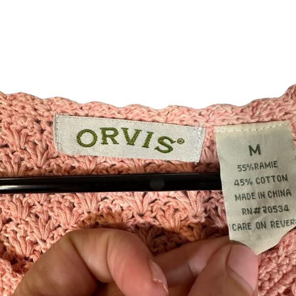Orvis Pink Short Sleeve Textured Knit Button Down Sweater Blouse Women Sz M - Picture 6 of 6
